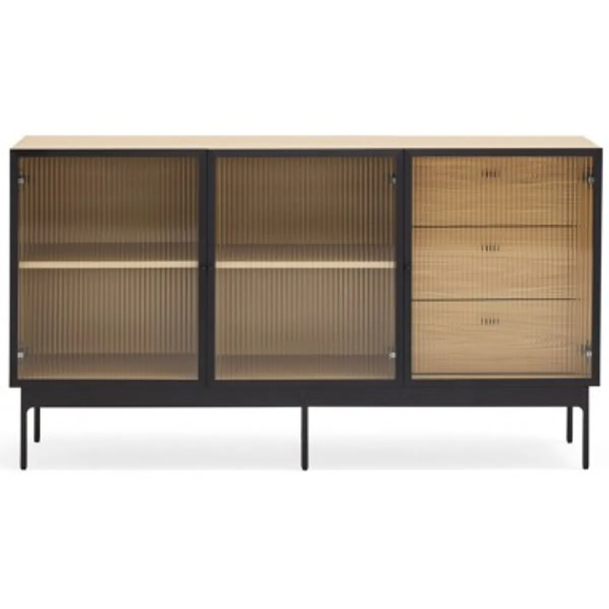 Blur sideboard i metal og mdf finér B140 cm - Sort/Eg/Klar rillet