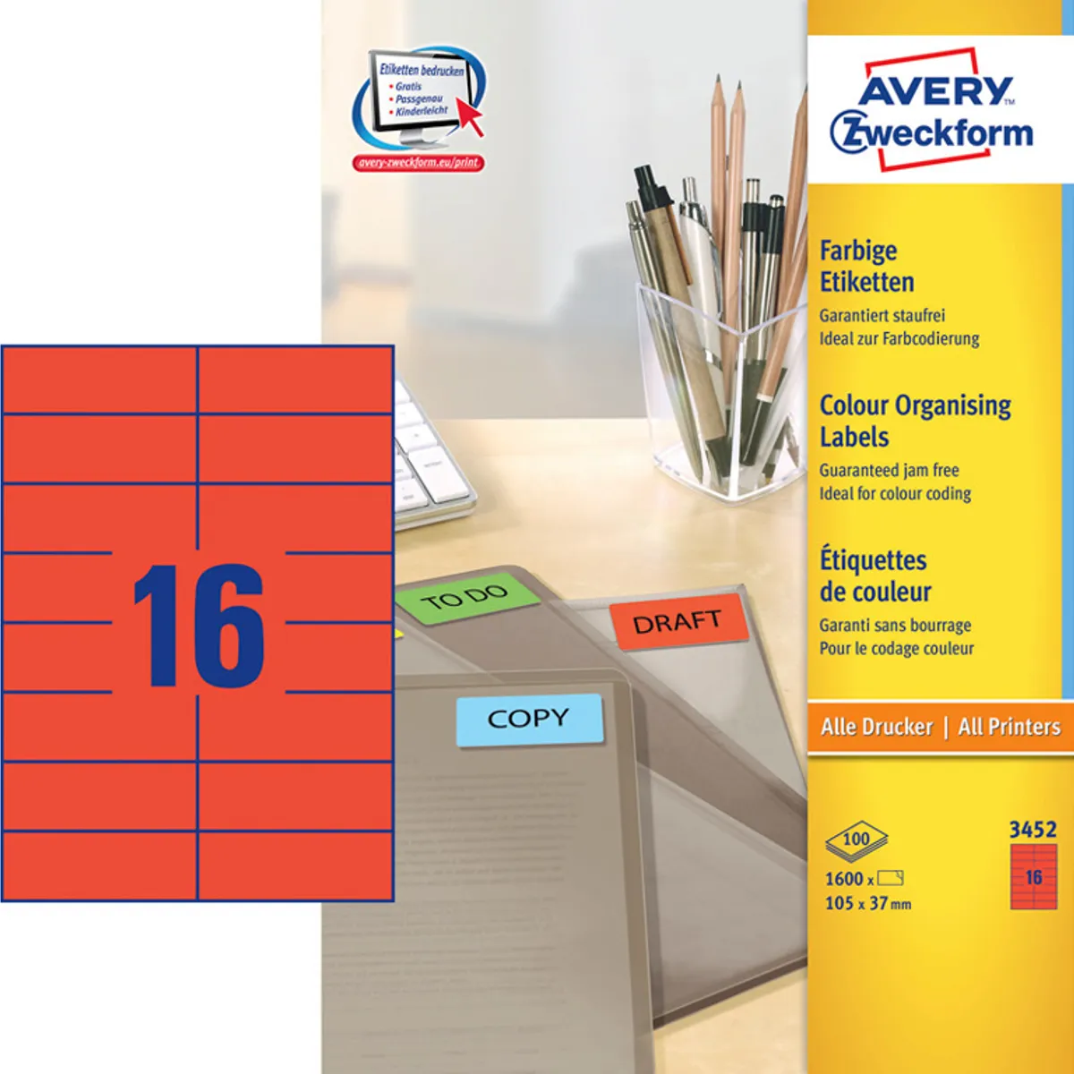 Etiket 105x37 mm Avery 3452 rød 16 Stk/ark 100 ark