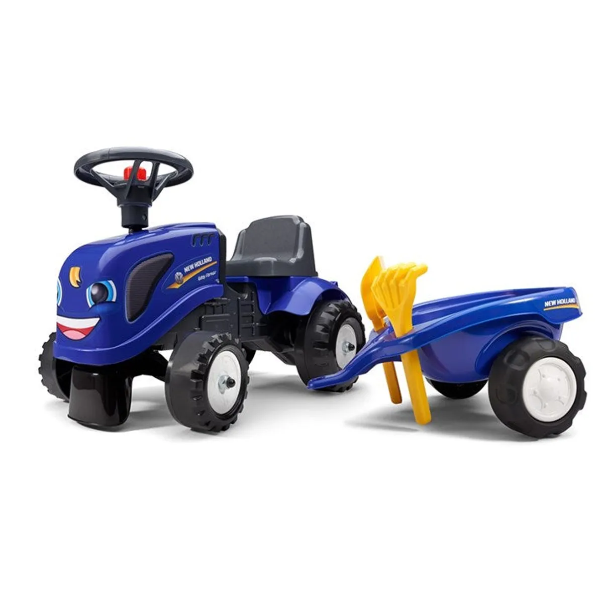 Falk Baby New Holland ride-on traktor med trailer, rive og skovl, fra 1-3 år