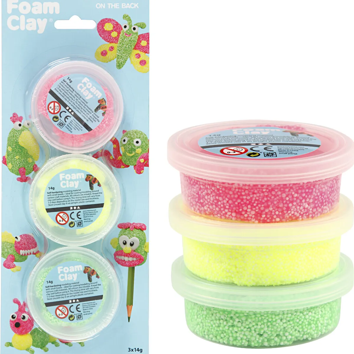 Foam Clay - Sæt Med Lys Grøn, Neon Pink Og Neon Gul - 3x14 G