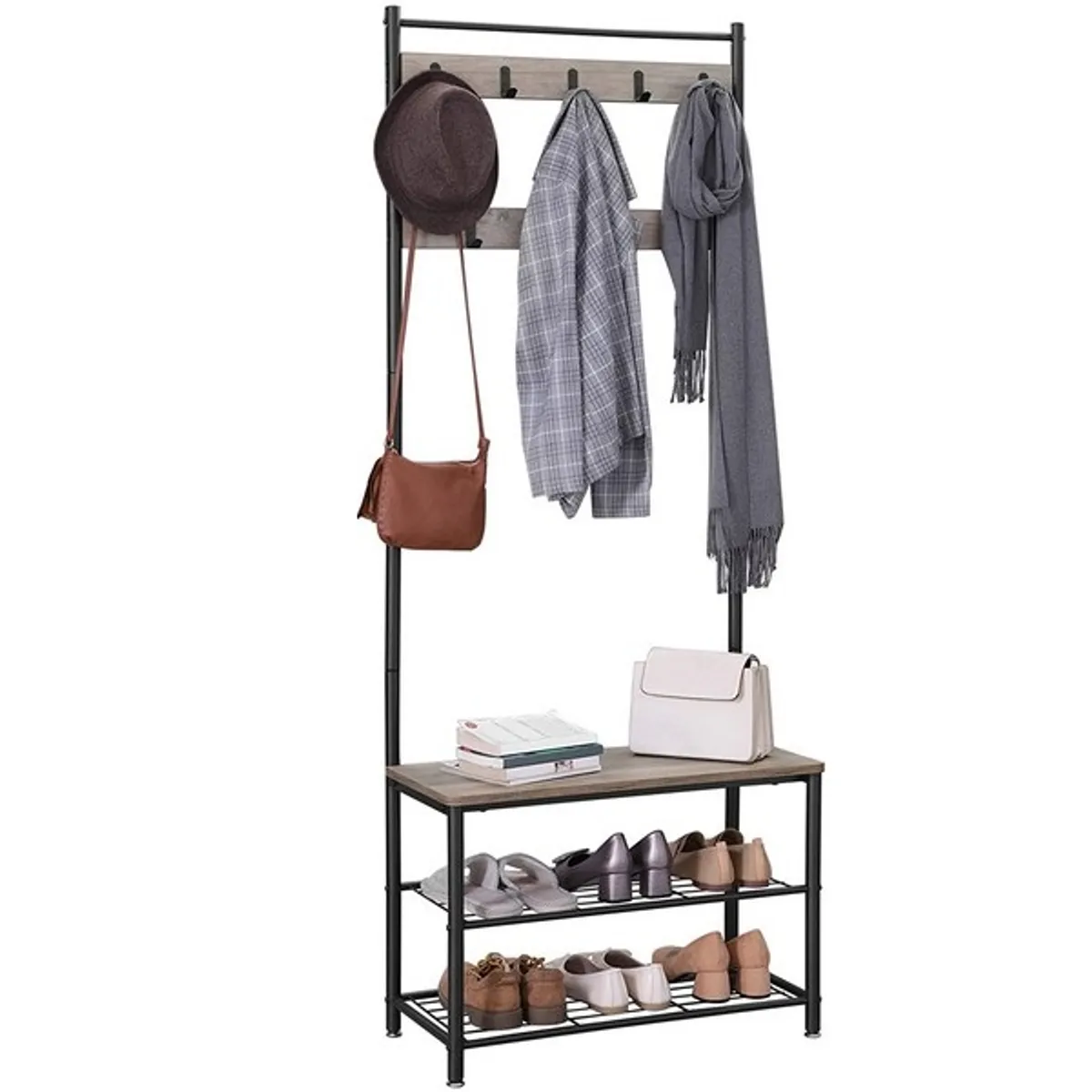 Garderobestativ med knagerækker og 2 skohylder - beige/grå - Entremøbler og garderobe > Knagerækker og garderobe - Daily-Living