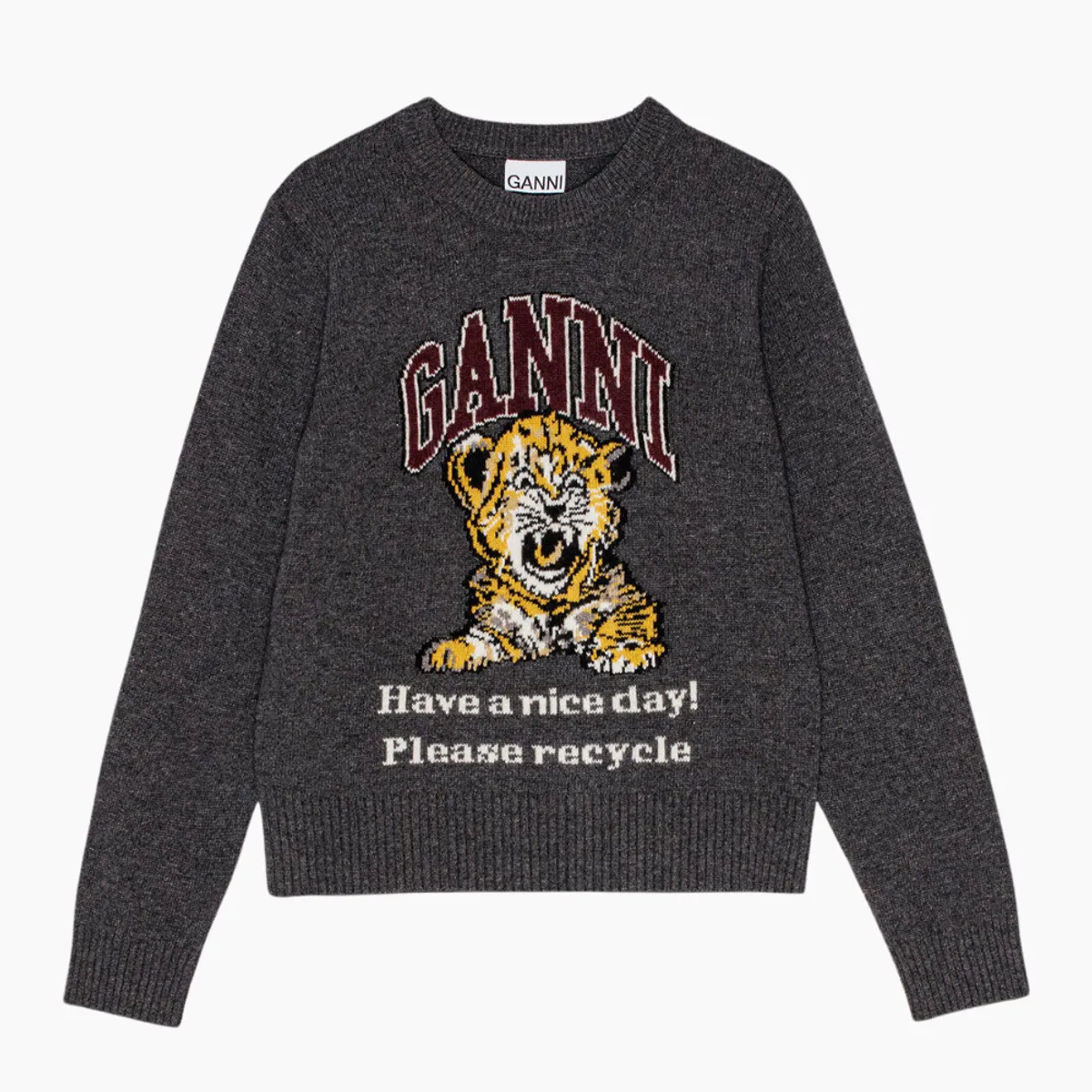 Graphic Wool Mix Tiger Crewneck K2278 - Grey Quill - GANNI - Grå M