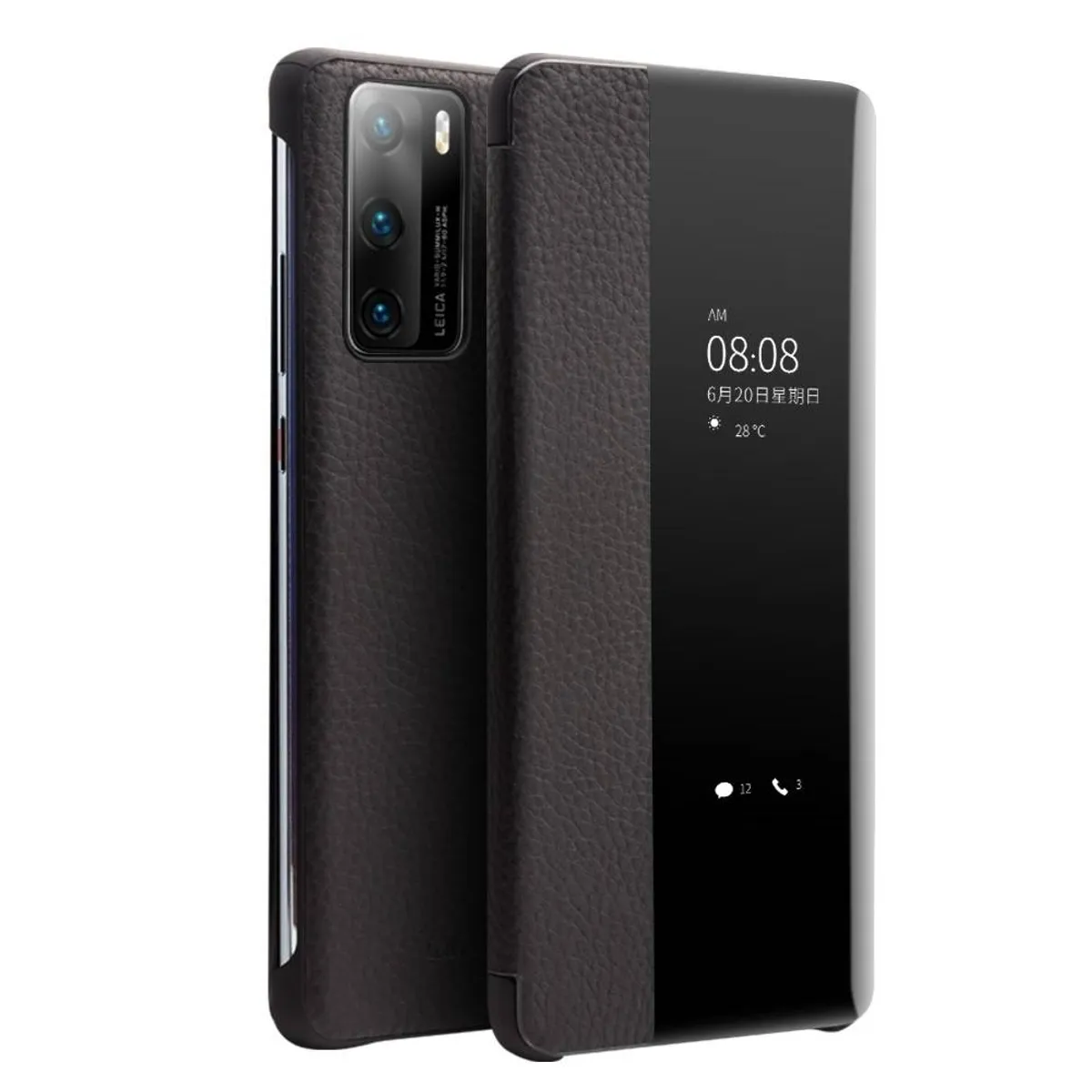 Huawei P40 - QIALINO ægte læder view window cover - Sort