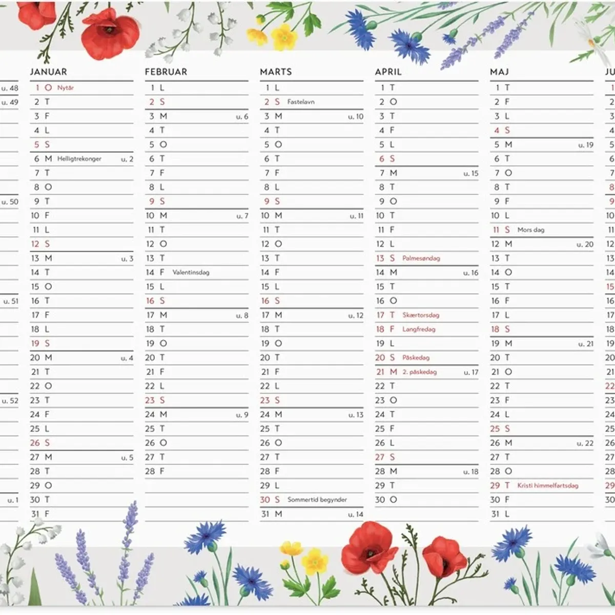 Mayland Vægkalender 2025 blomster A4 2x7 mdr.