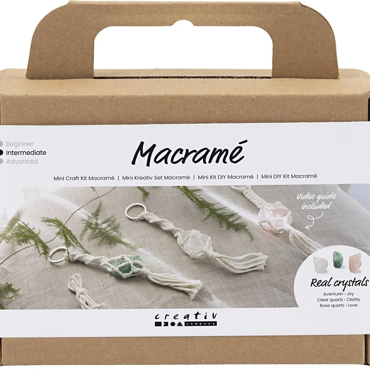 Mini Diy Macramé Kit - Nøglering - Mat Transparent - Støvet Grøn Sart Rosa Lys Natur