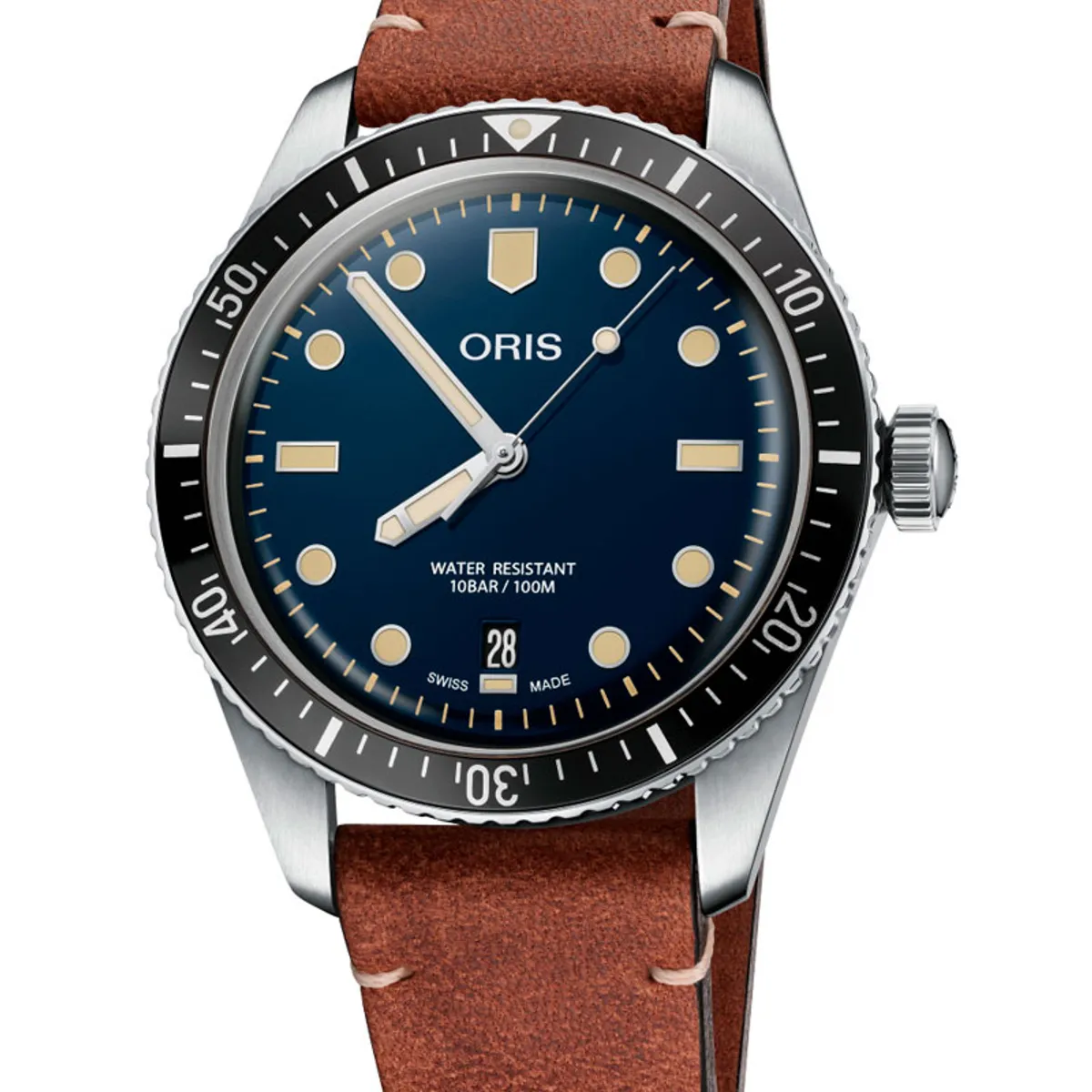 ORIS Divers Herritage 65 armbåndsur med blå skive og brun læderrem - 40mm