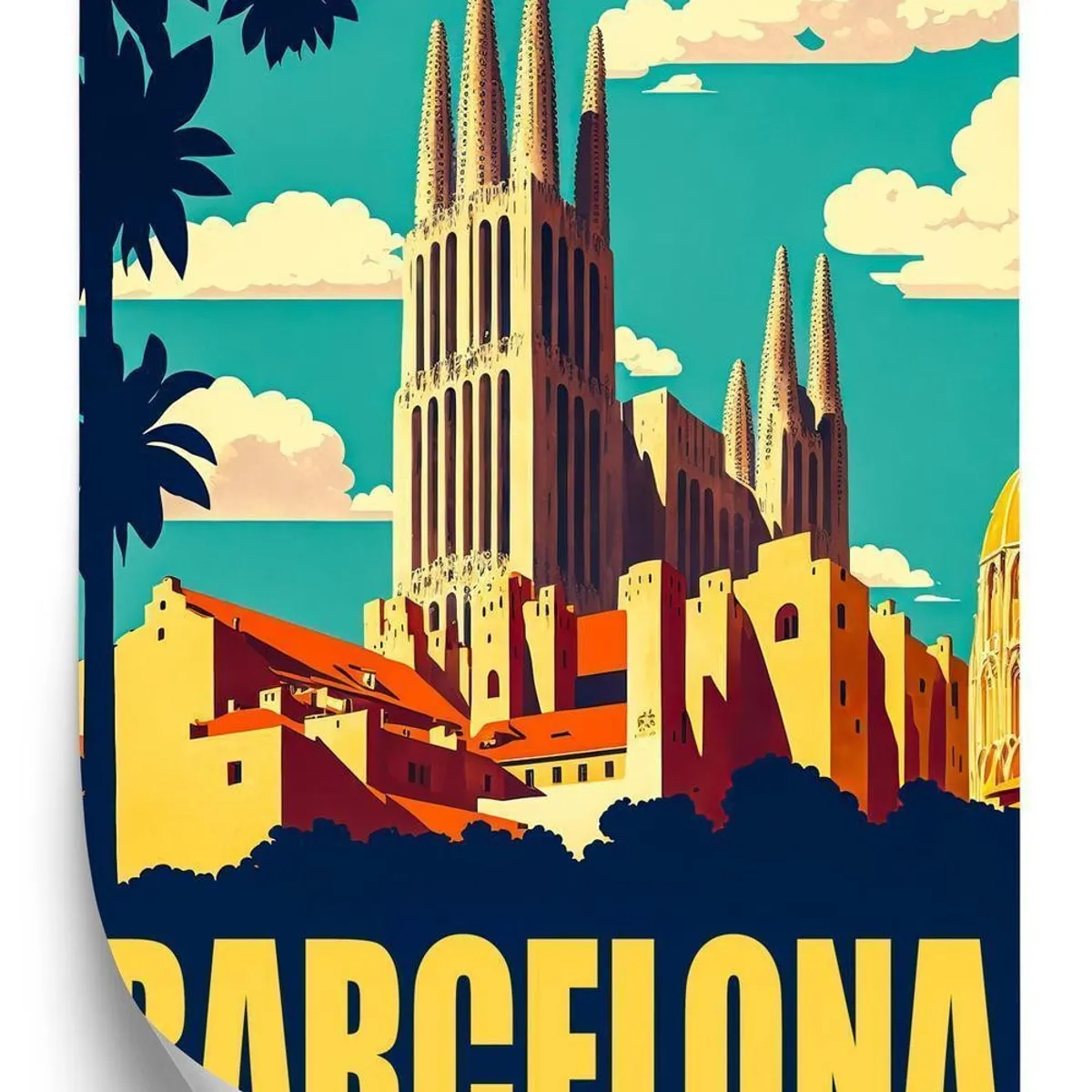 Plakat - Indskriften barcelona med sagrada familia i baggrunden