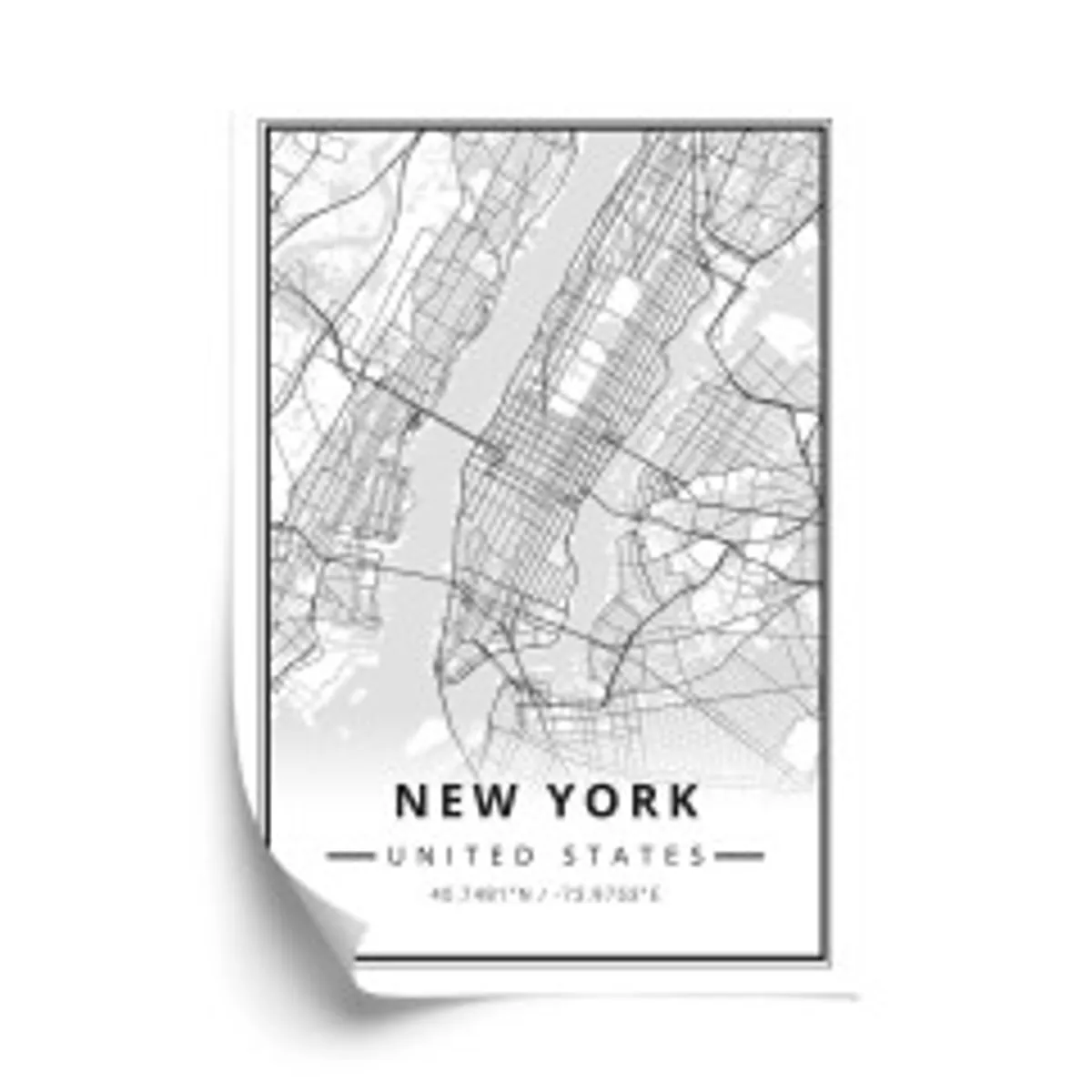 Plakat - New yorks gader på et sort-Hvidt kort