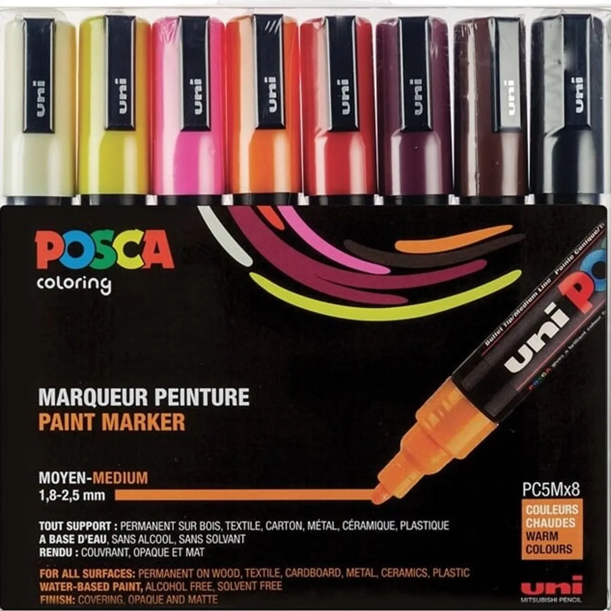 Posca Tusser Sæt - Pc5m - Medium 1,8-2,5 Mm - Warm - 8 Stk