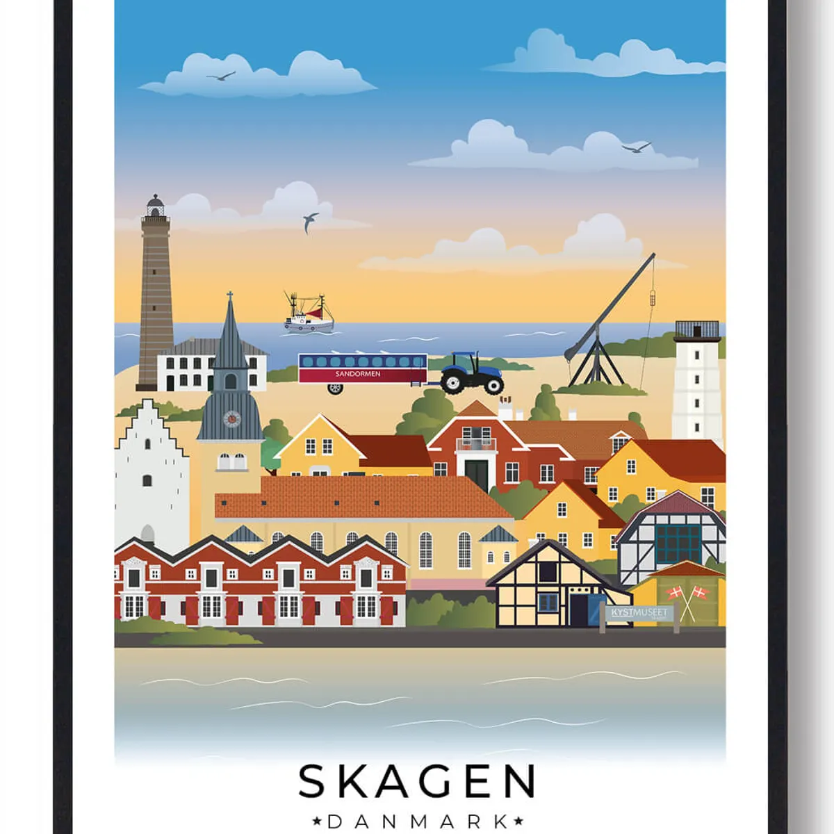 Skagen byplakat med hvid kant (RESTPARTI) (Størrelse: M - 30x40cm)