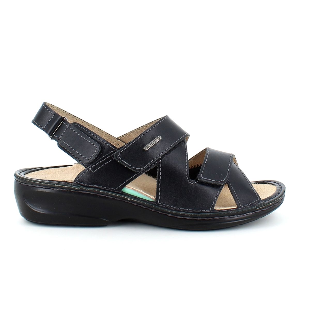 Sort bred skind sandal med velcro - 41