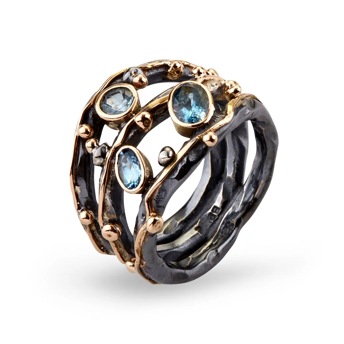 Tribeca Stones Aqua Sterling Sølv Ring fra By Birdie med 14 Karat Guld Og Blå Aquamarin