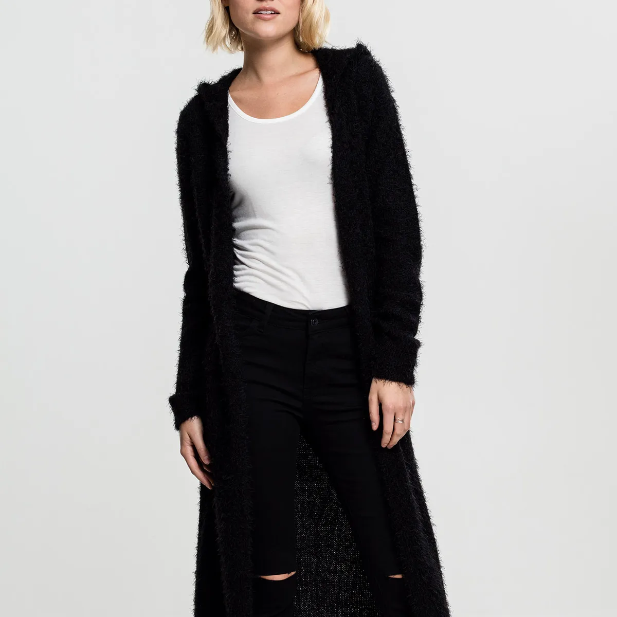 Urban Classics Dame Fjer-cardigan m. hætte Sort