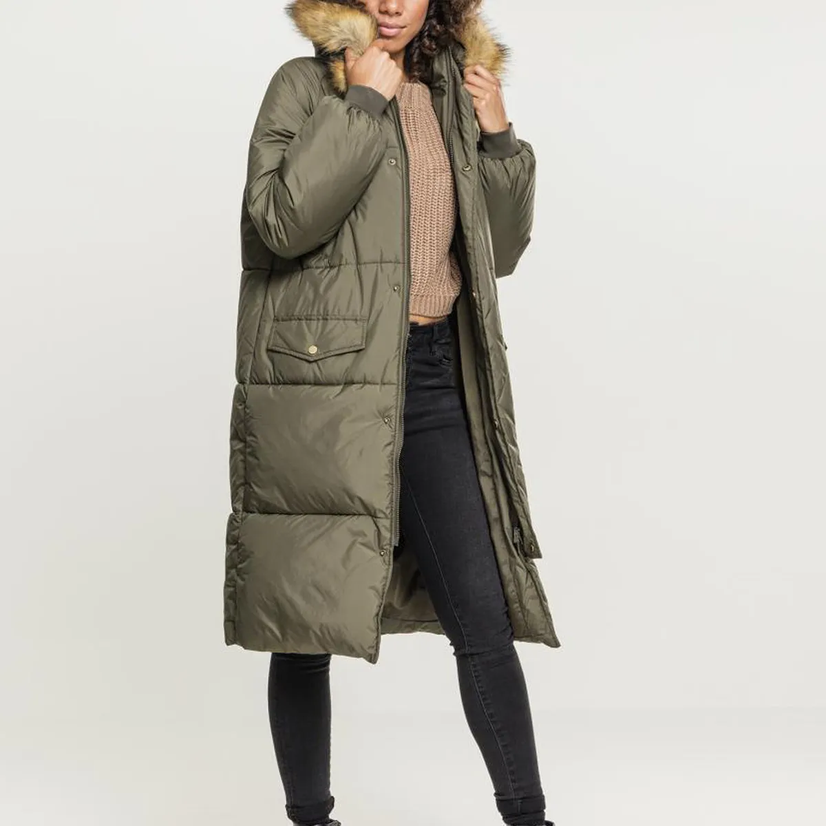 Urban Classics Dame Oversize Faux Fur Puffer Jakke Mørk Oliven / Beige