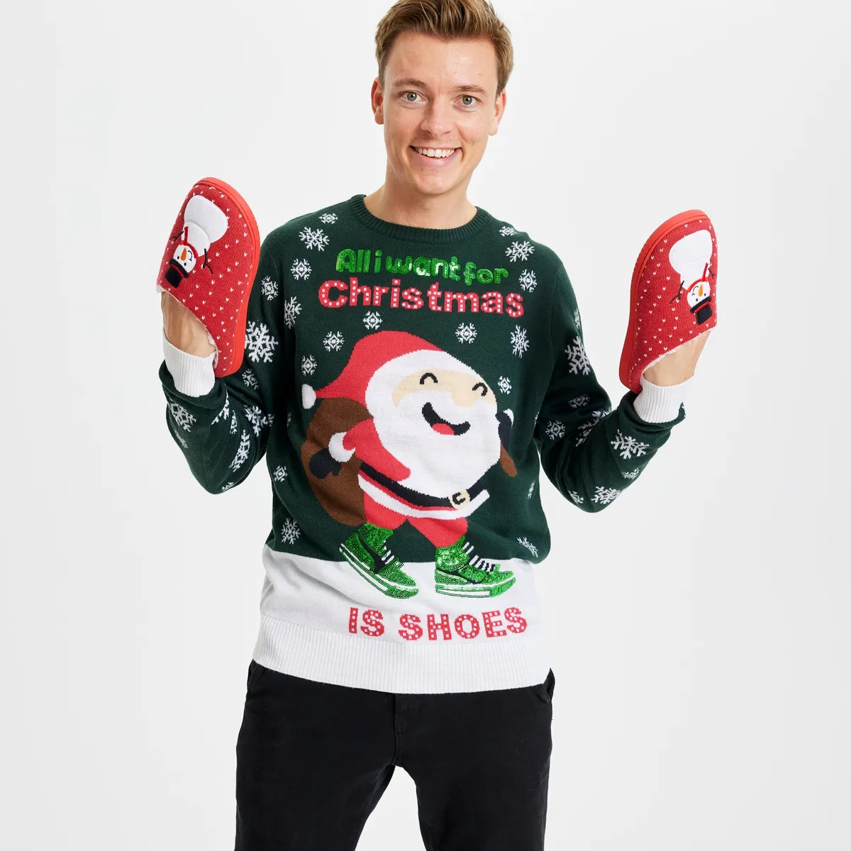 Årets julesweater: All I Want Is A Shoe - herre / mænd. Ugly Christmas Sweater lavet i Danmark