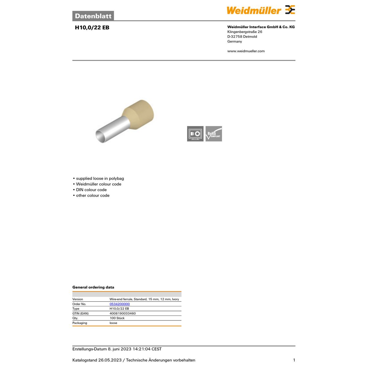 100 stk Tylle Isolerede 10 mm² elfenben H10,0/22 (100) (W)