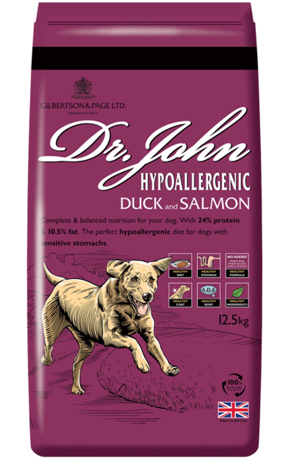 12,5 kg Dr. John Hypoallergenic Duck and Salmon - med and og laks