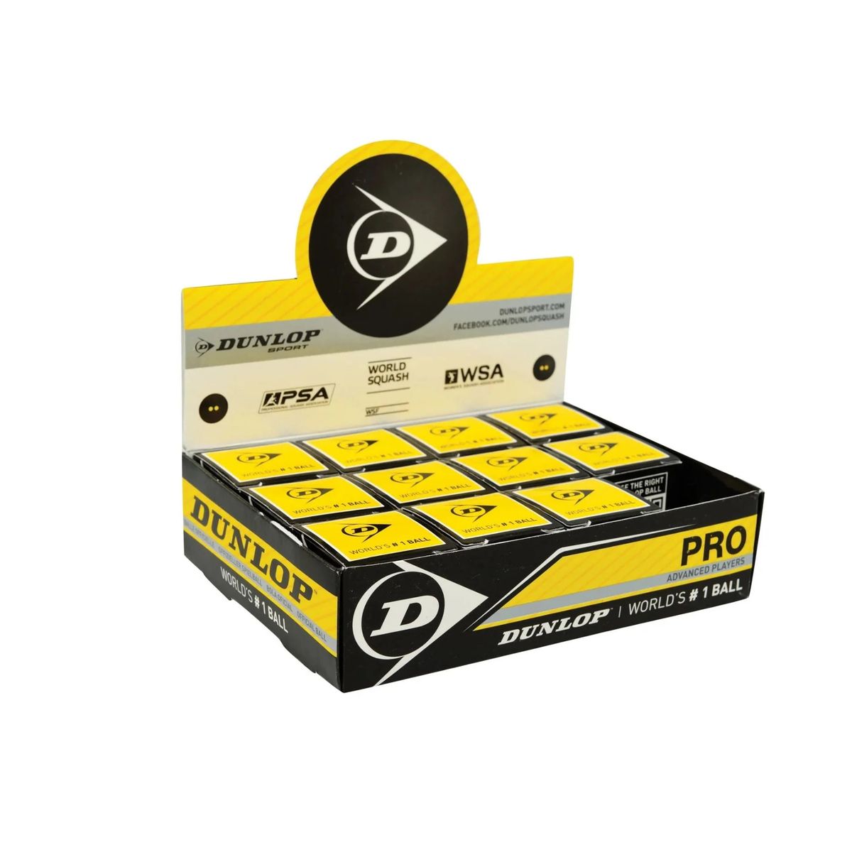 12 stk Dunlop Pro Squashbolde (2 gule prikker)