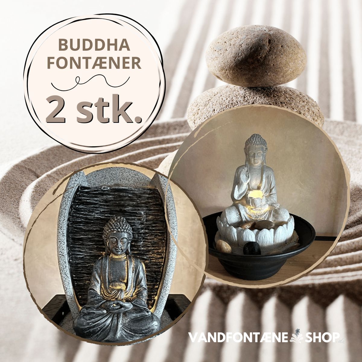 2 Buddha Indendørs vandfontæner med LED lys (sæt)