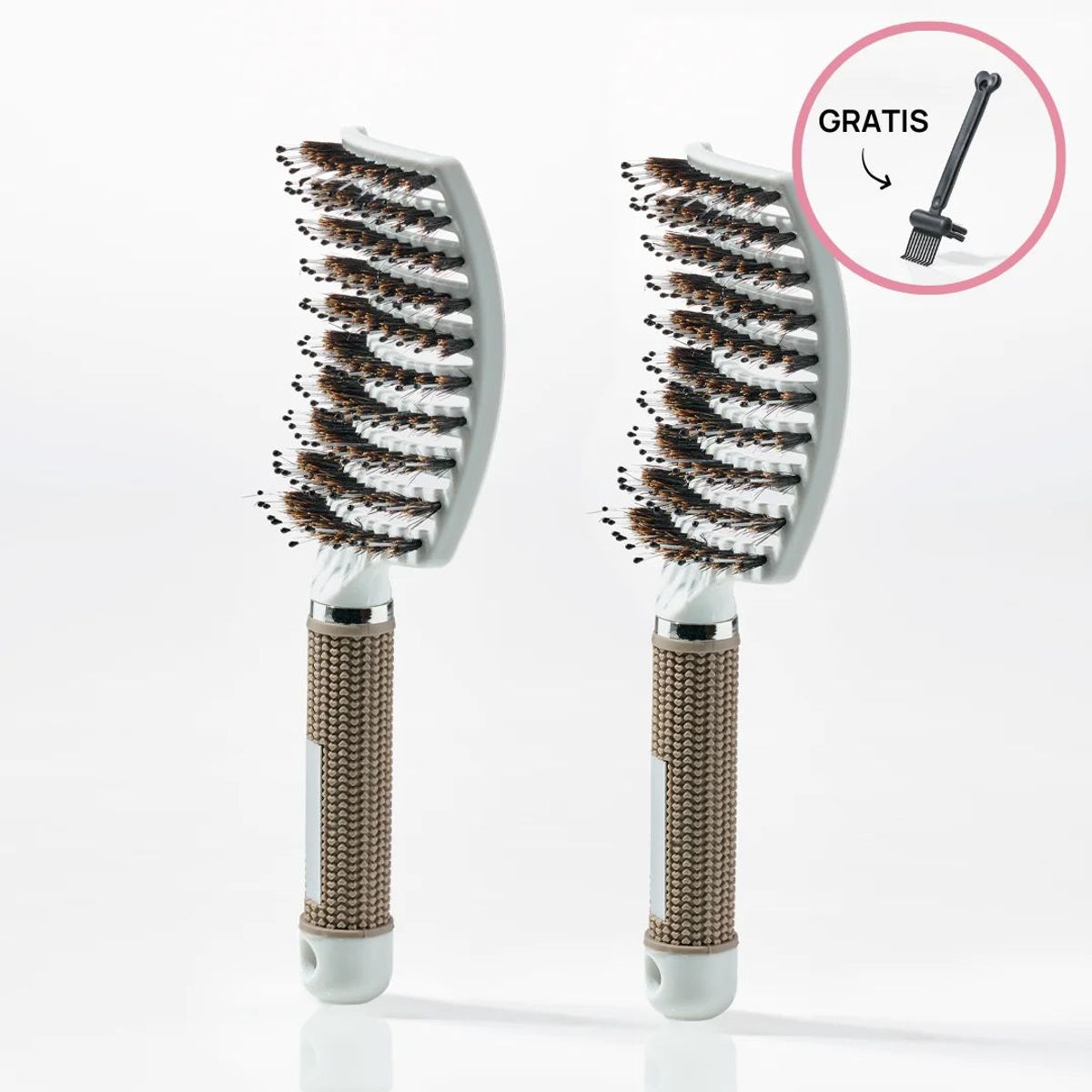 2 stk Curved Paddle Brush + Gratis Cleaning Brush - 2 stk Hvid (Spar 12%) + Gratis Cleaning Brush