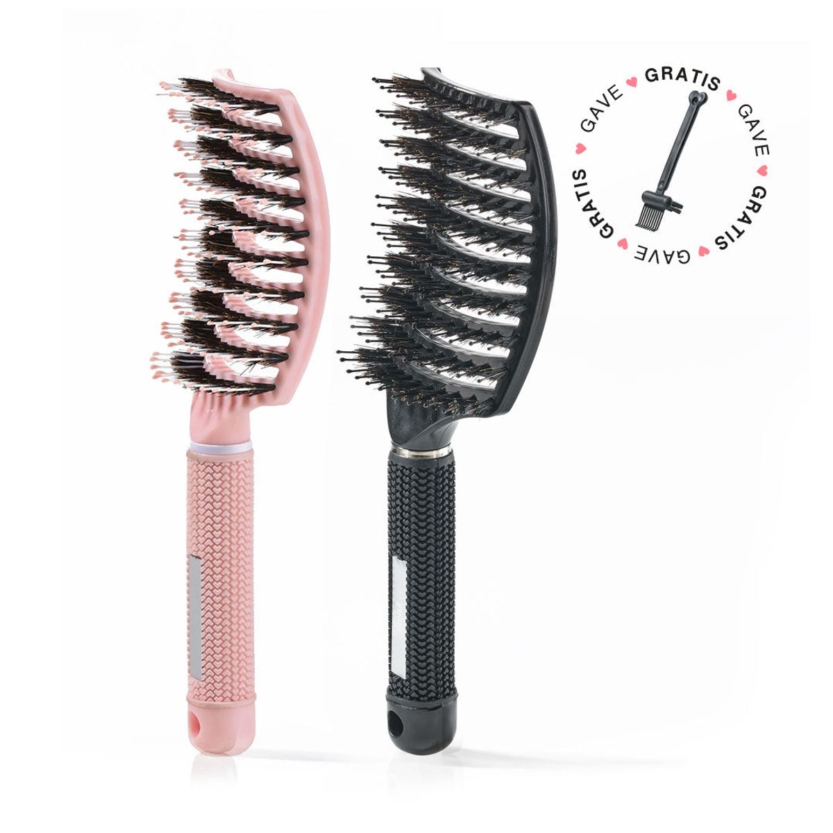 2 stk Curved Paddle Brush + Gratis Cleaning Brush - 2 stk Lyserød + Sort (Spar 12%) + Gratis Cleaning Brush