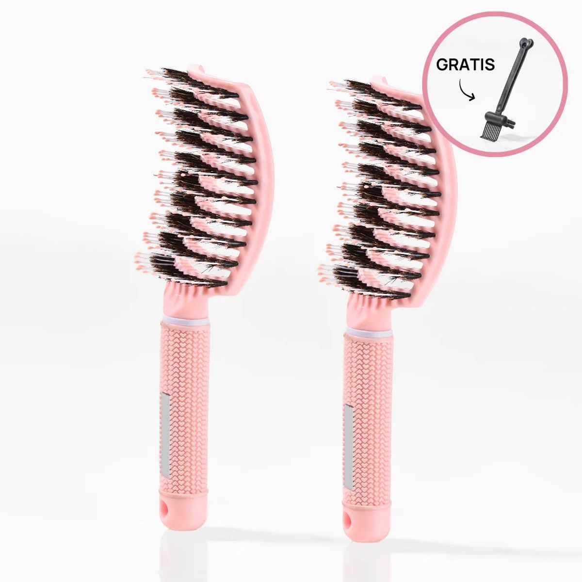 2 stk Curved Paddle Brush + Gratis Cleaning Brush - 2 stk Lyserød (Spar 12%) + Gratis Cleaning Brush