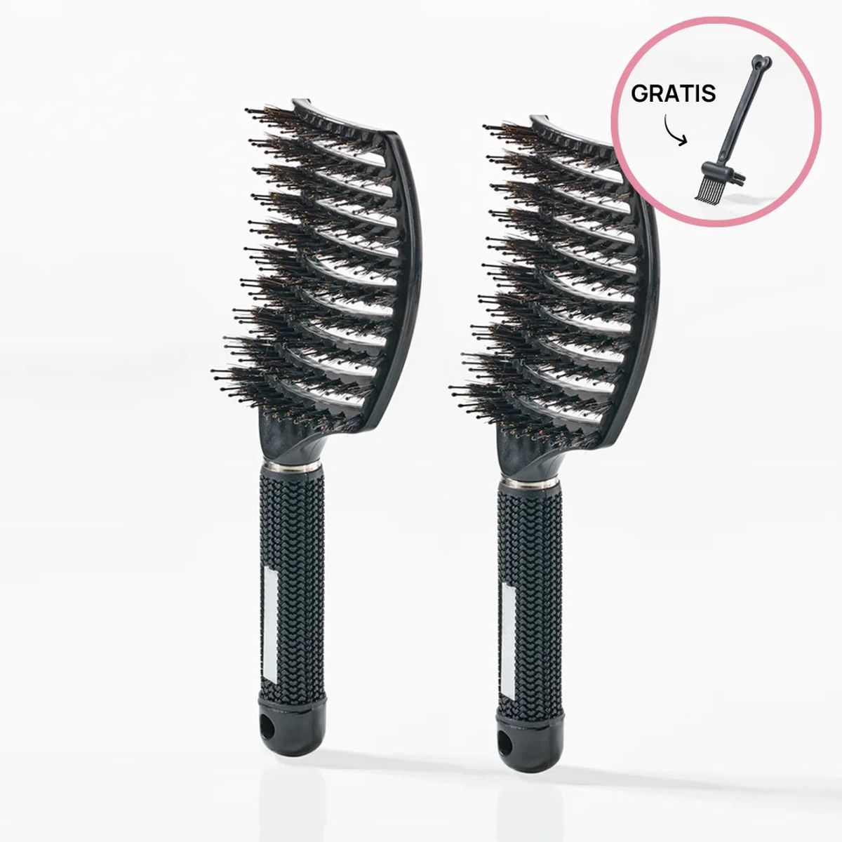 2 stk Curved Paddle Brush + Gratis Cleaning Brush - 2 stk Sort (Spar 12%) + Gratis Cleaning Brush