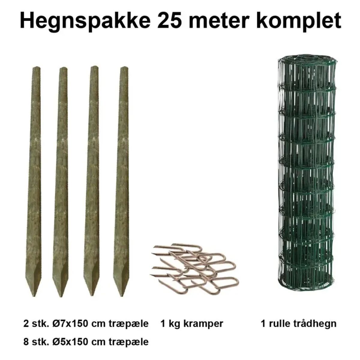 25 Meter Havehegn Inkl. 10 Stk. Træpæle Og 1 Kg Kramper - Maskestr. 5x10 Cm H:80 Cm