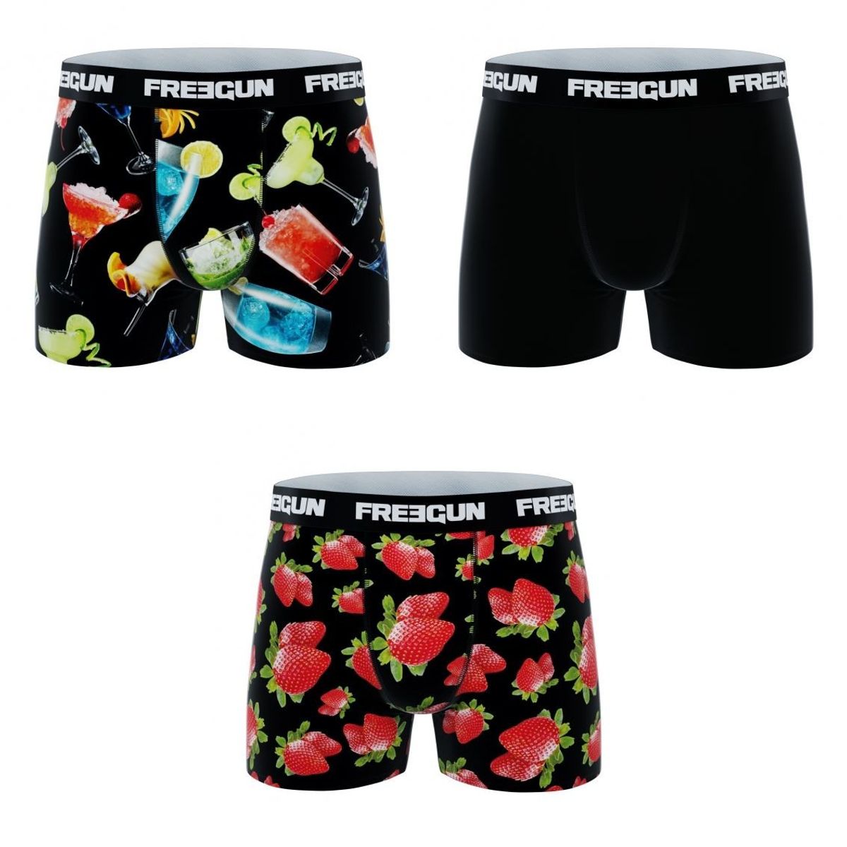 3-pack Microfiber Boxershorts - 1x Drinks 1x Jordbær og 1x Sort - Freegun