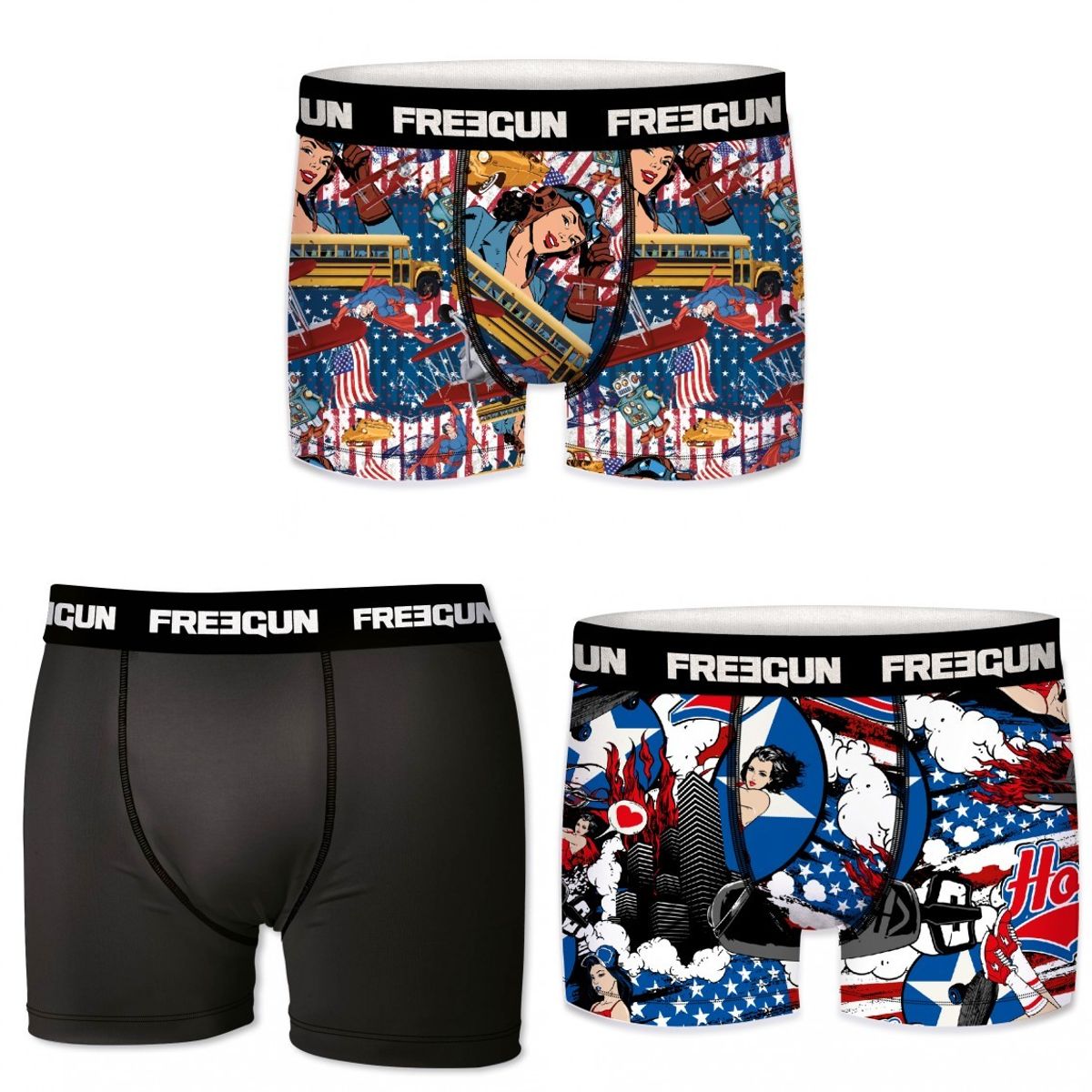 3-pack Microfiber Boxershorts - 2x Amerika mønster og 1x Sort - Freegun