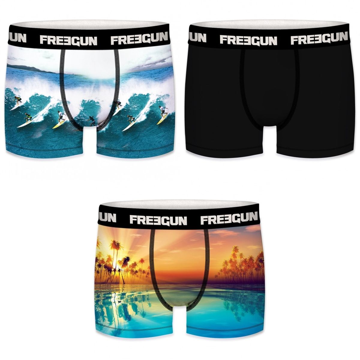 3-pack Microfiber Boxershorts - 2x Beach Surfer mønster og 1x Sort - Freegun