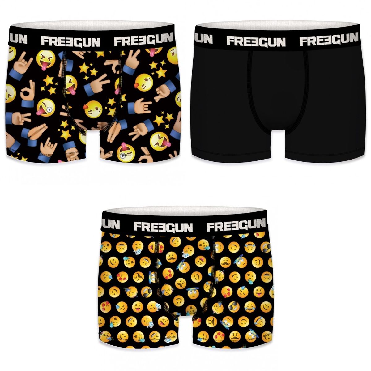 3-pack Microfiber Boxershorts - 2x Emoji Smiley mønster og 1x Sort - Freegun