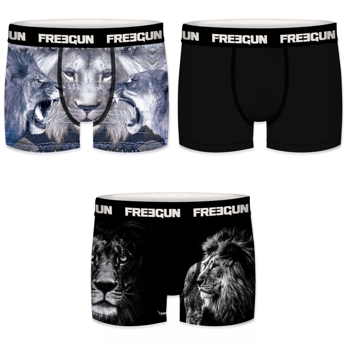 3-pack Microfiber Boxershorts - 2x Løver mønster og 1x Sort - Freegun