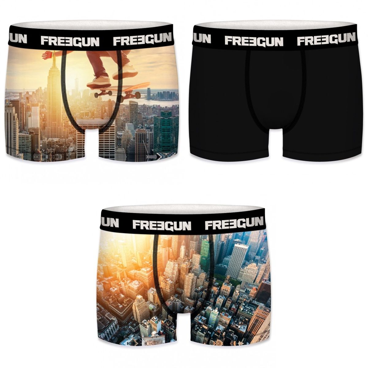 3-pack Microfiber Boxershorts - 2x New York Skater mønster og 1x Sort - Freegun