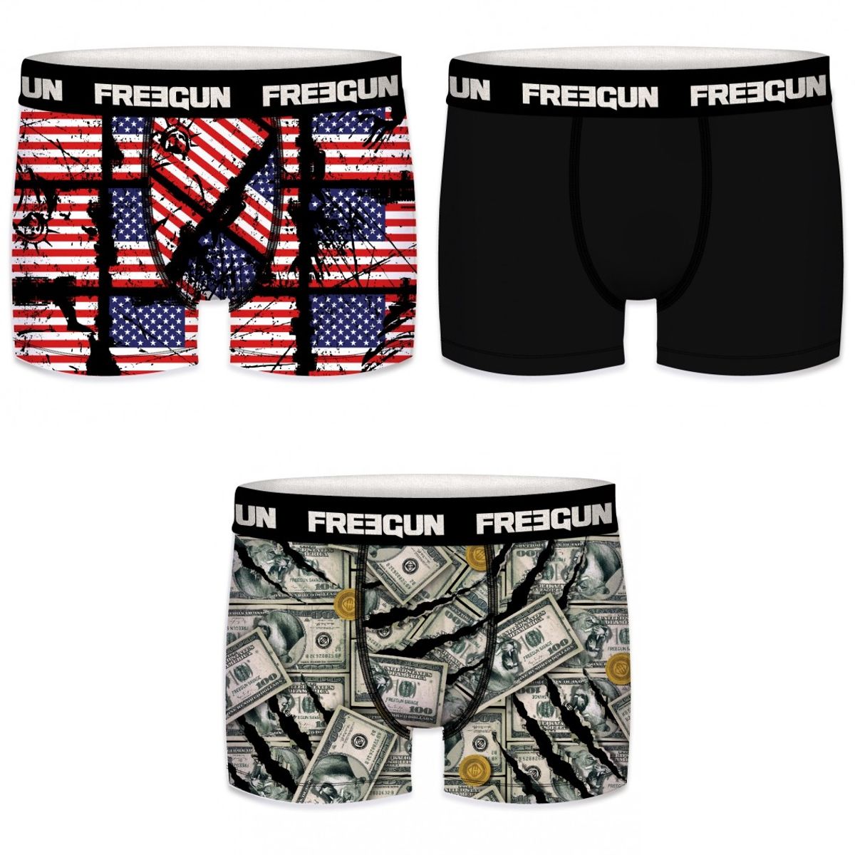 3-pack Microfiber Boxershorts - 2x USA Dollar mønster og 1x Sort - Freegun