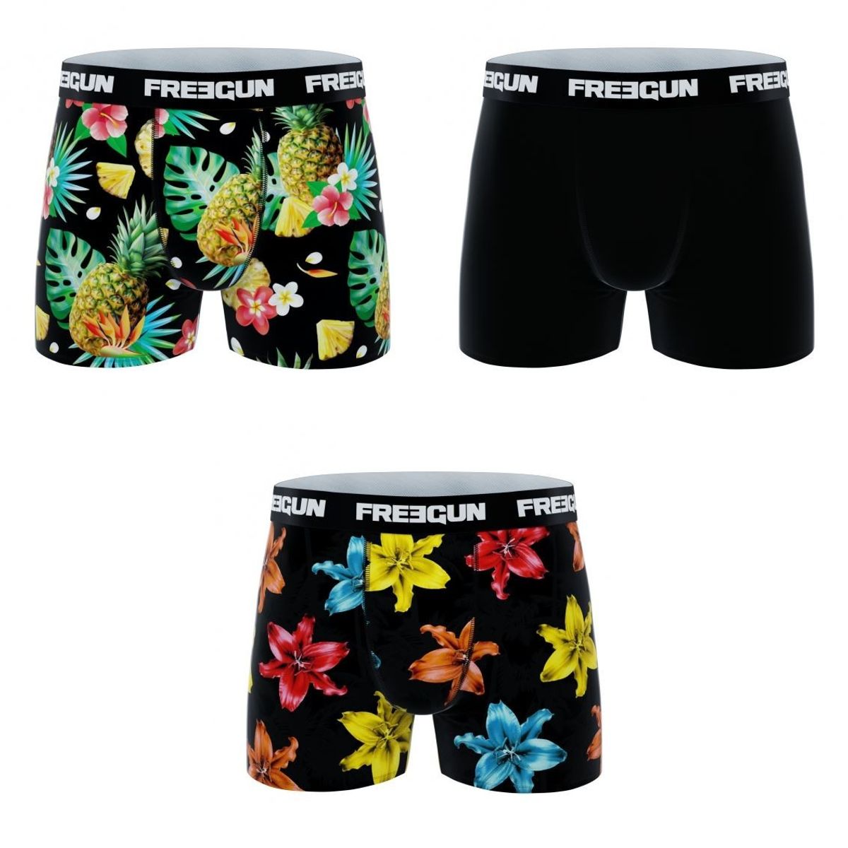 3-pack Microfiber Boxershorts - 2x Vilde blomster mønster og 1x Sort - Freegun