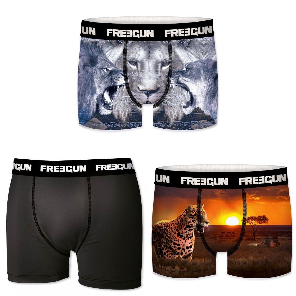 3-pack Microfiber Boxershorts - Løve, Leopard og Sort - Freegun