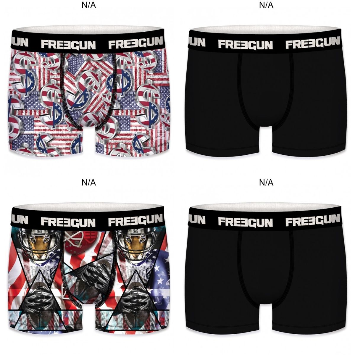 4-pack Microfiber Boxershorts - 1x Dollar 1x Lion Football og 2x Sort - Freegun