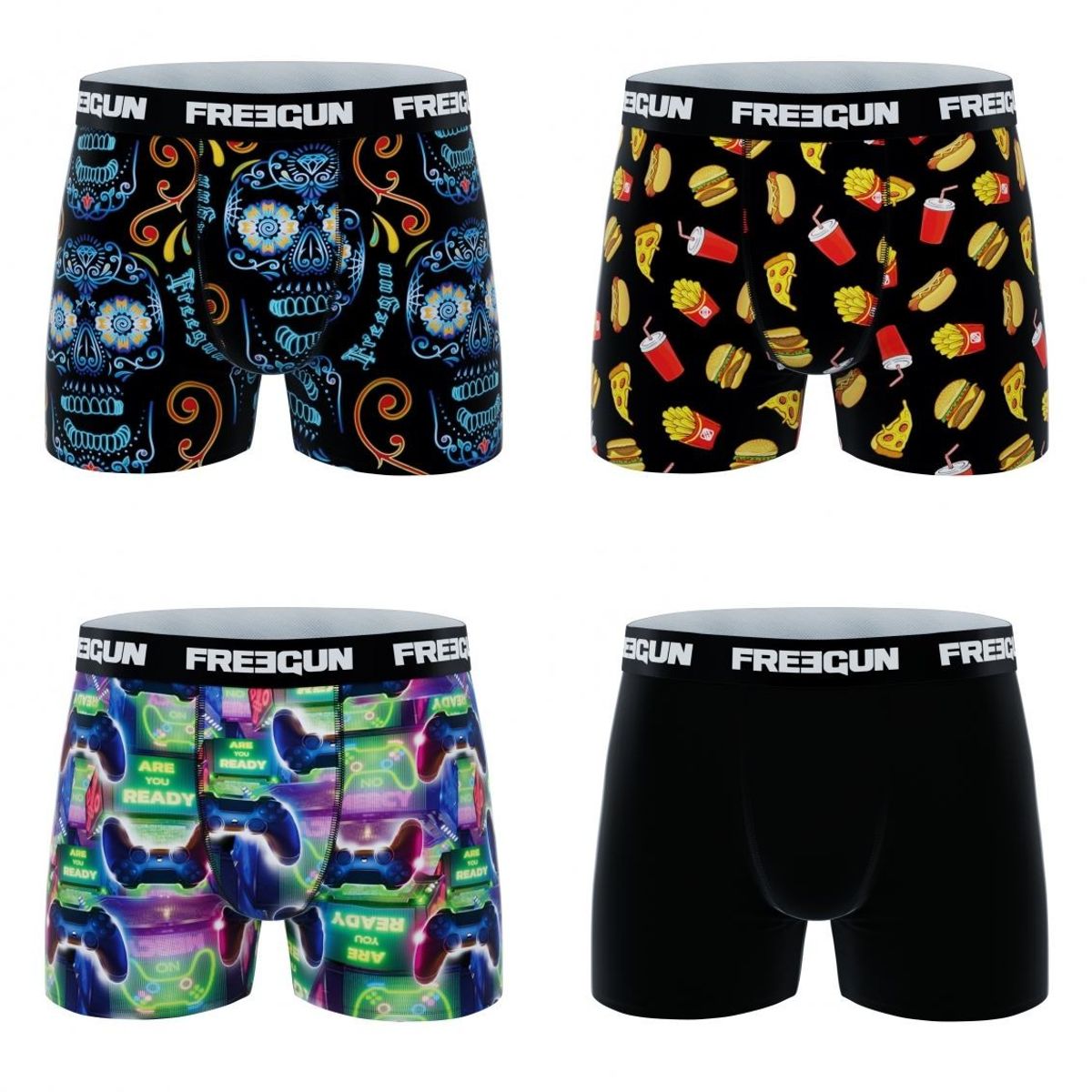 4-pack Microfiber Boxershorts - 1x Mexico Skull 1x Fastfood 1x Game og 1x Sort - Freegun