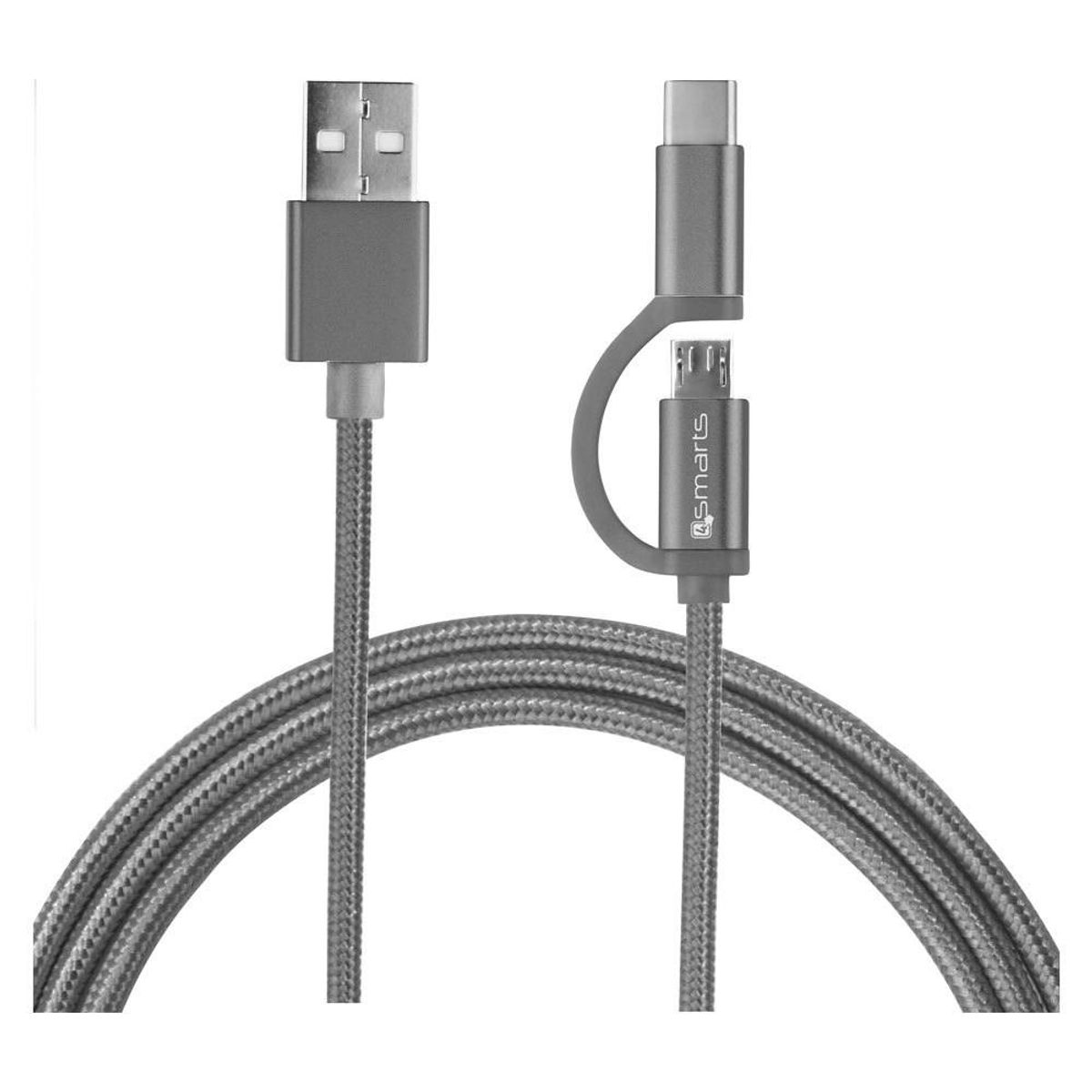 4smarts 2m 2-i-1 Micro USB og USB-C kombi-kabel, Grå