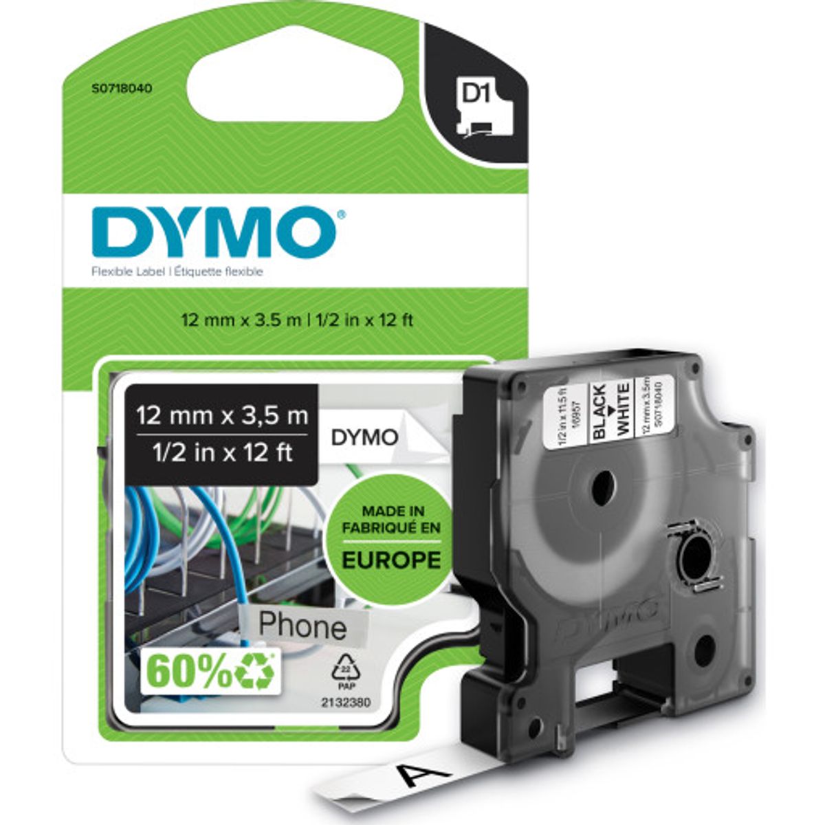 5 stk DYMO® D1 tape, fleksibel nylon, 12 mm, sort på hvid