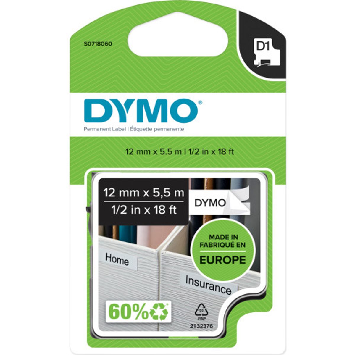 5 stk DYMO® D1 tape, permanent polyester, 12 mm, sort på hvid