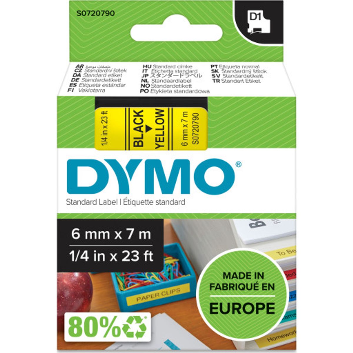 5 stk DYMO® Standard D1 tape, 6 mm, sort på gul