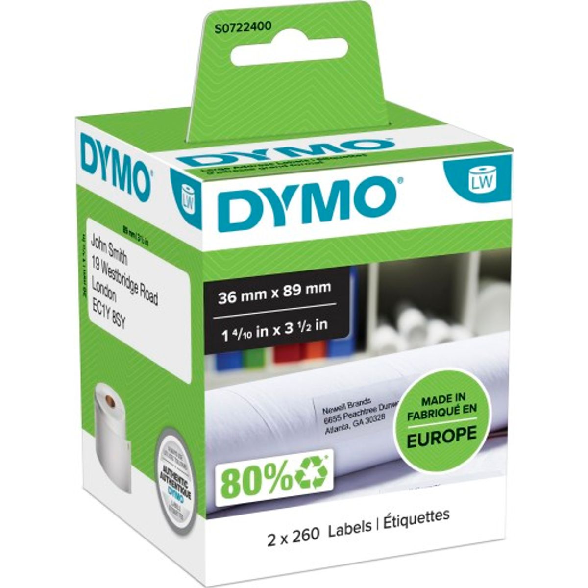 6 stk DYMO® LabelWriter adresse etiketter, 36 x 89 mm, 2 x 260 stk.