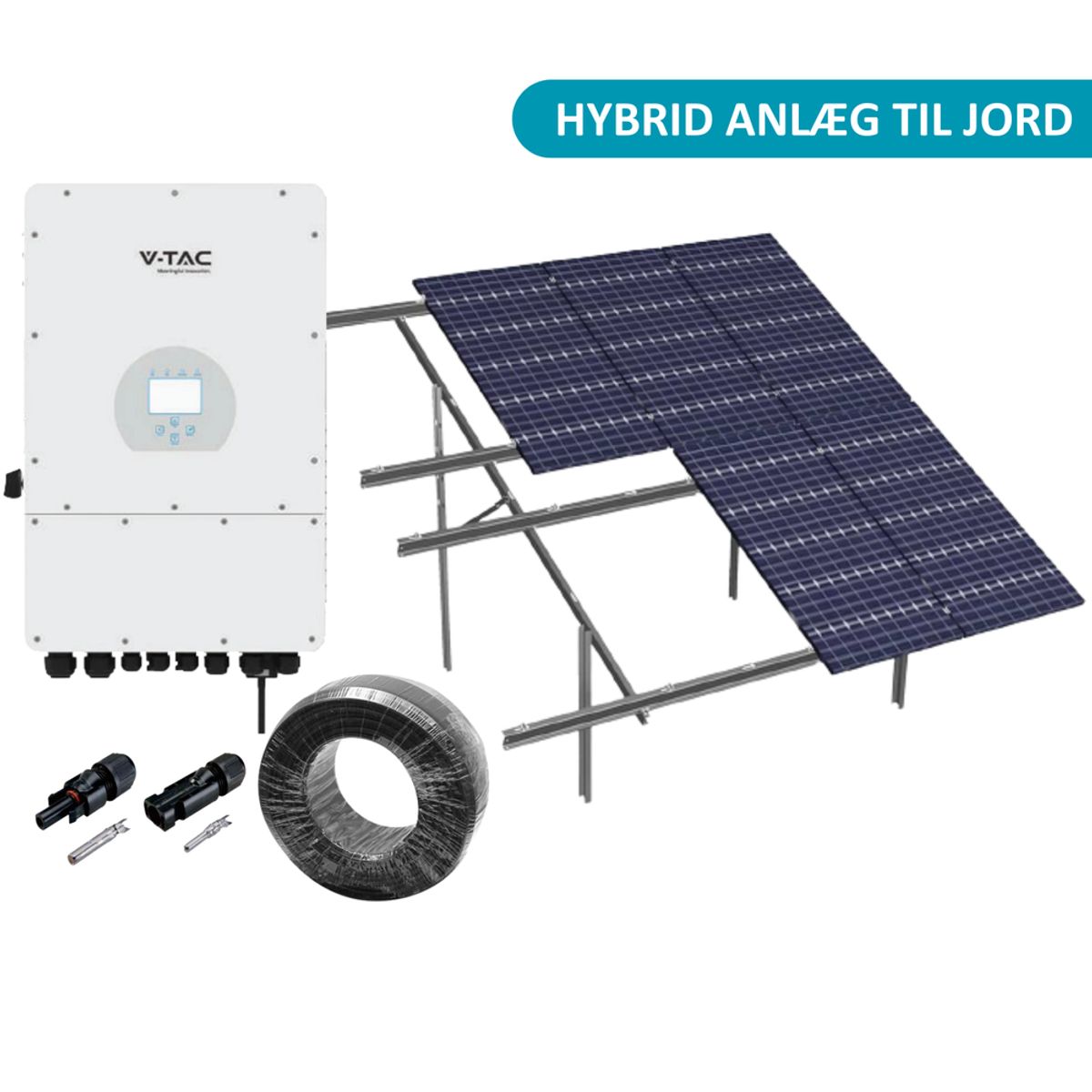 6kW komplet 3-faset hybrid solcelleanlæg - Jordbaseret anlæg, DEYE hybrid inverter, Alu celler - Retning solceller : Stående, Rækker : 2, Solceller kW : 6,5