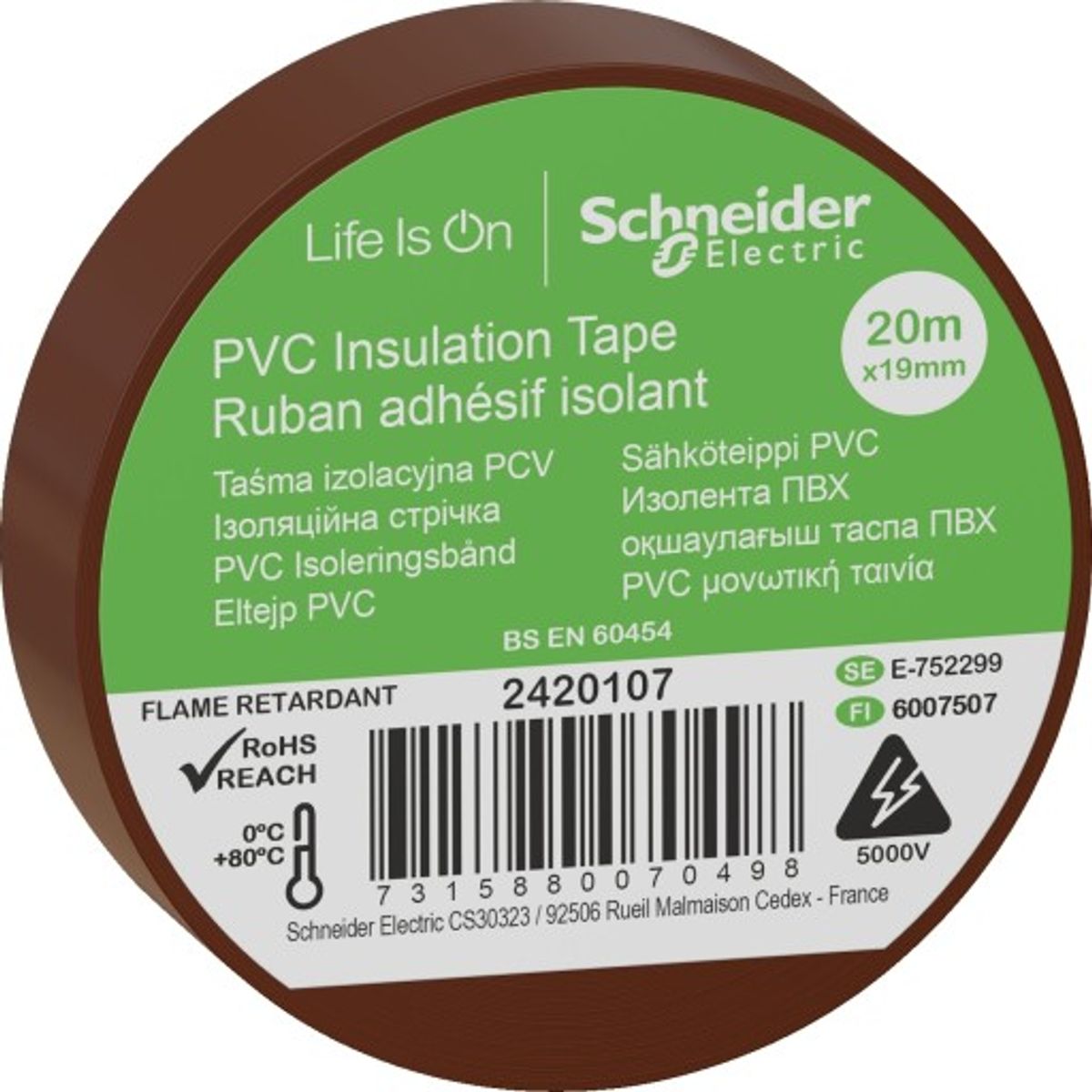 8 stk Schneider PVC isoleringstape, 19 mm x 20 m, brun