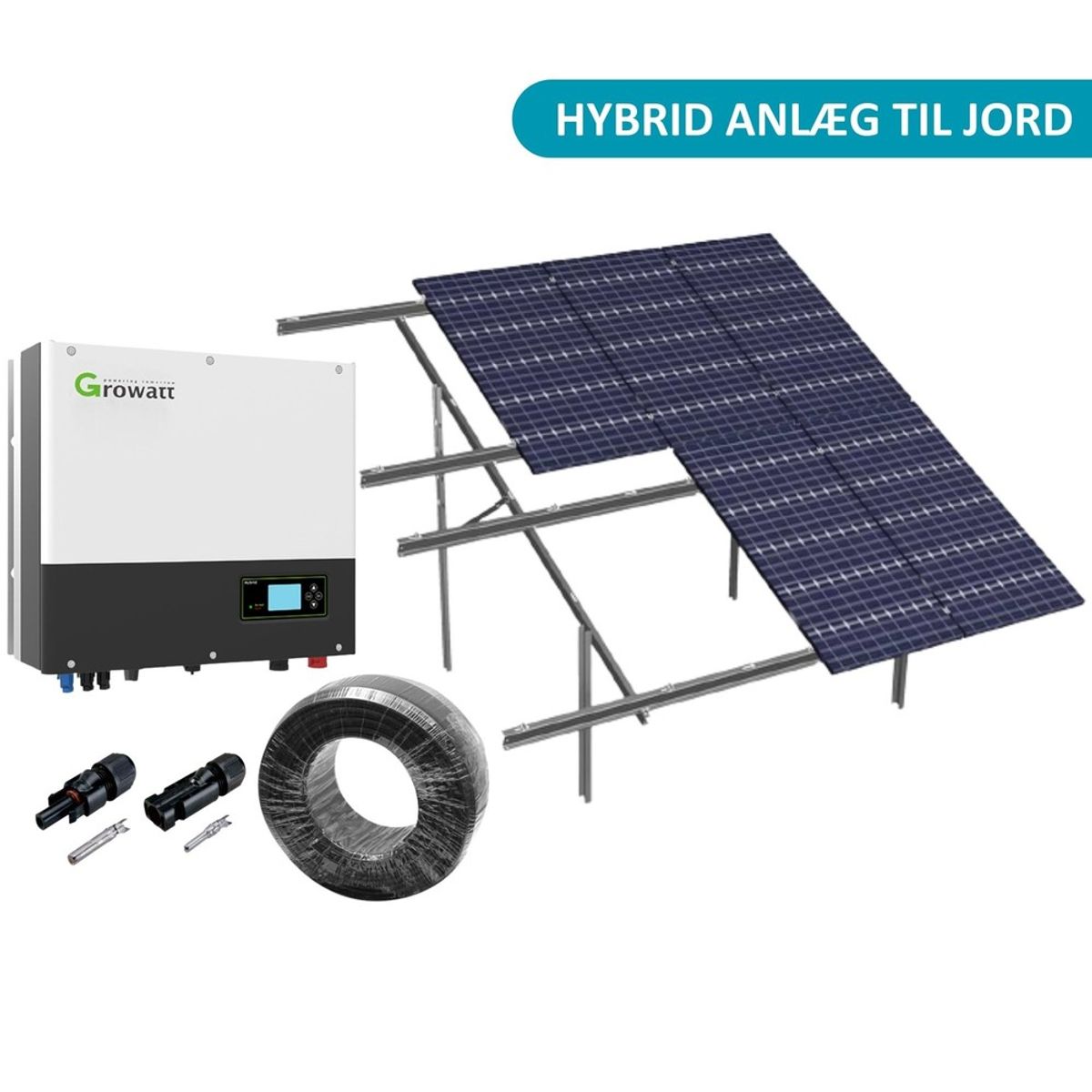 8kW komplet 3-faset hybrid solcelleanlæg - Jordbaseret anlæg, Growatt hybrid inverter, Alu celler - Retning solceller : Stående, Rækker : 2, Solceller kW : 7,6