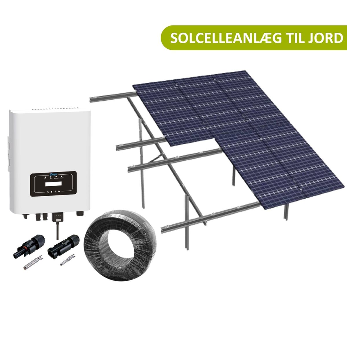 8kW komplet 3-faset solcelleanlæg - Jordbaseret anlæg, DEYE inverter, Alu celler - Retning solceller : Stående, Rækker : 2, Solceller kW : 7,6