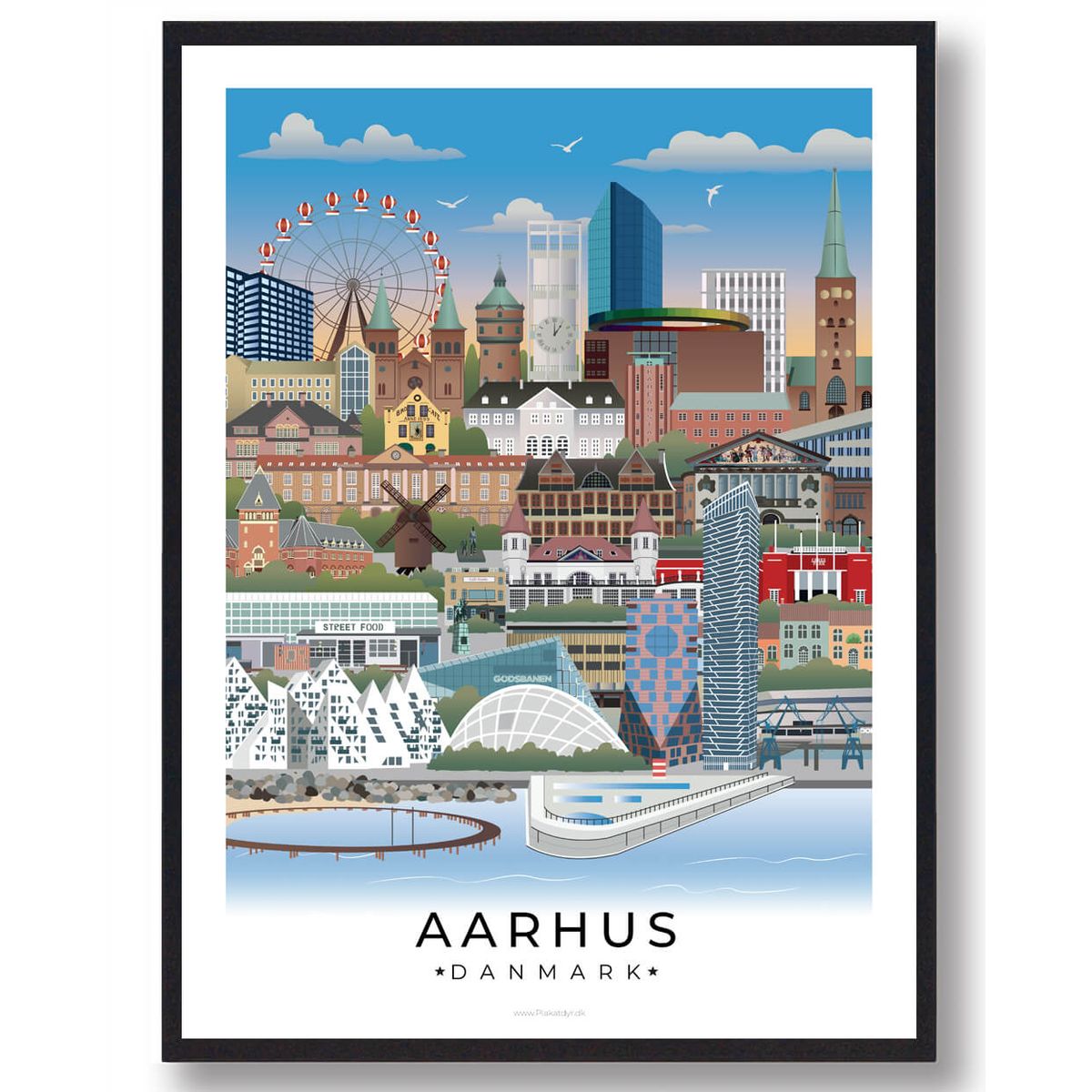 Aarhus byplakat med hvid kant (Nyhed) (Størrelse: M - 30x40cm)