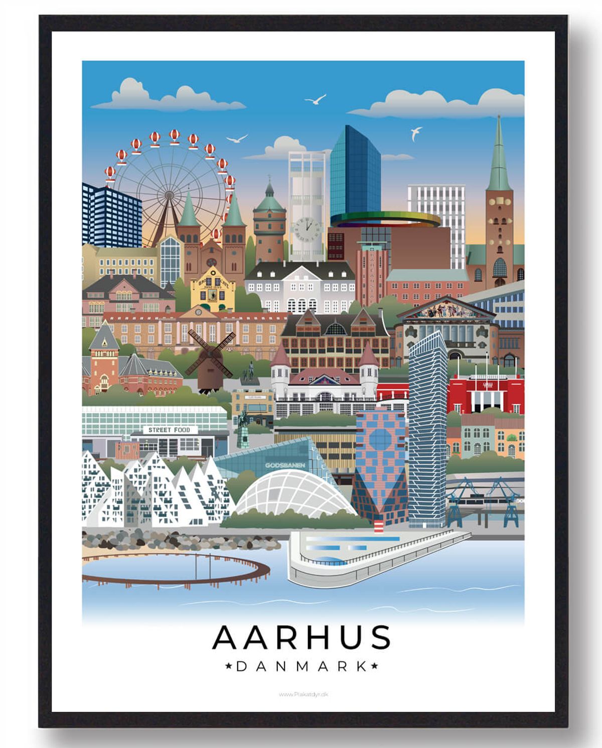 Aarhus byplakat med hvid kant (Nyhed) (Størrelse: S - 21x29,7cm (A4))